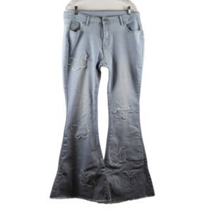 Chic Light Blue Flare Jeans with Butterfly Detail